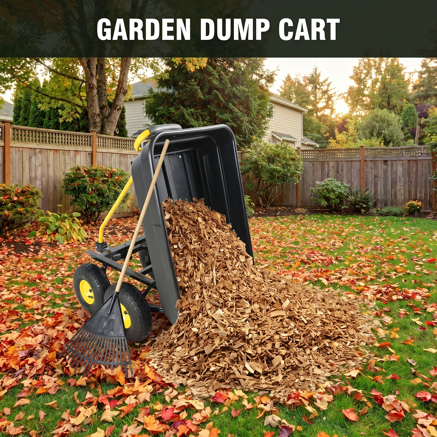 Garden Dump Cart 4-Wheel Steel Frame Poly Bed Quick-Release Dump Feature Foldable D-Handle Yard Wagon for Landscaping Lawn