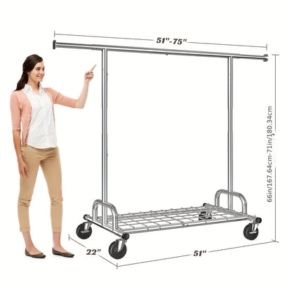 Heavy Duty Rolling Clothes Rack with Wheels – Adjustable Garment Rack 260LBS Capacity, Extendable 51"-75" Wide