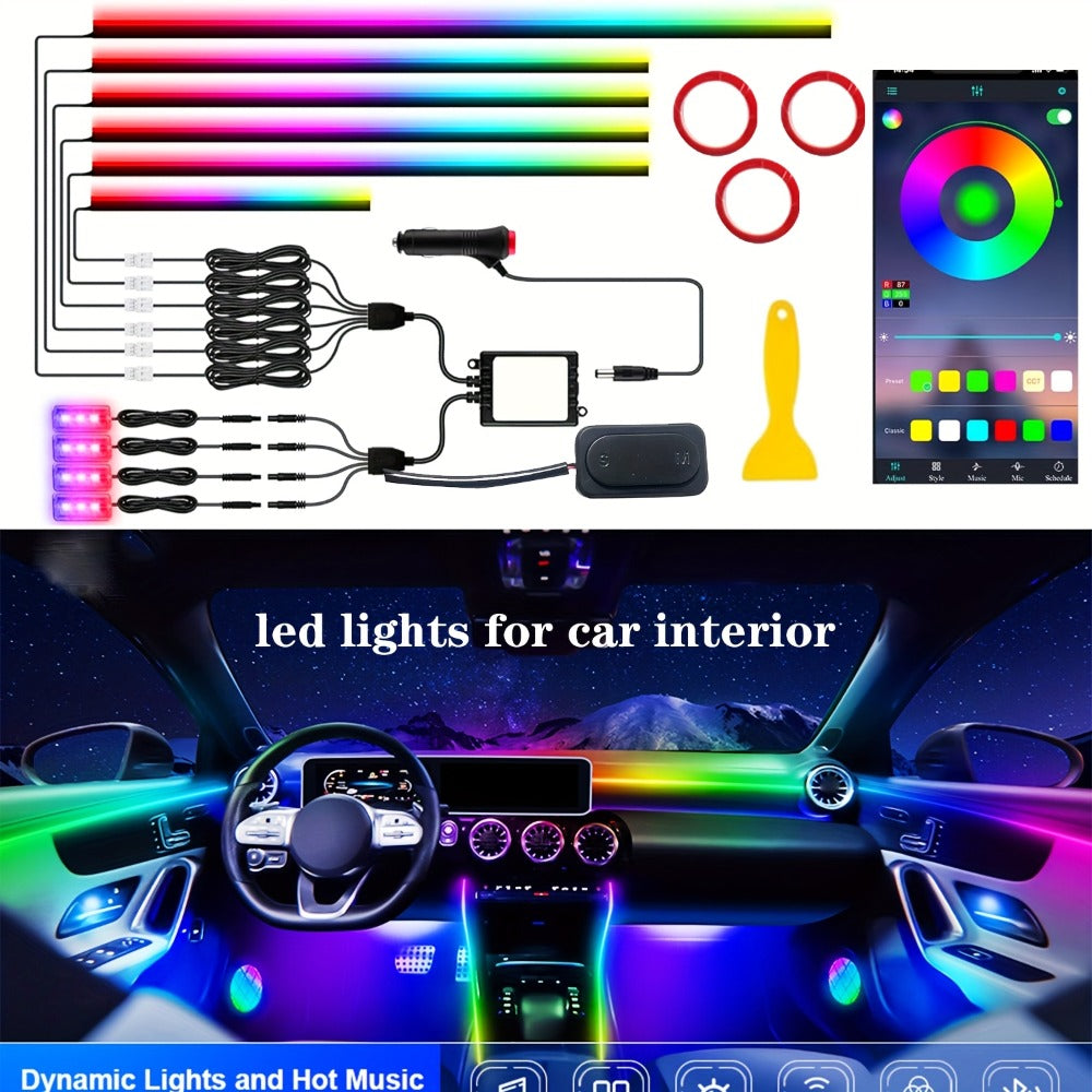 Car Interior Ambient Lighting Kit with Four Checkout Configurations, App-Button Control and Fiber-Style Strips