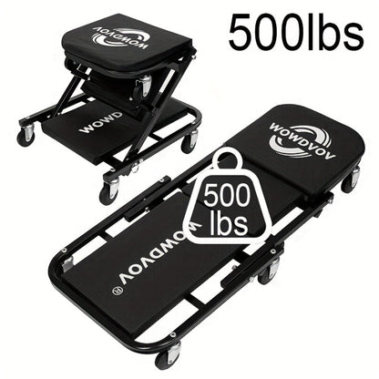 Mechanic Creeper 3-in-1 Z-Shape – 500 lb Capacity Foldable Garage Repair Stool, Lying Sitting Leaning Rolling Creeper with 6 Wheel Rollers