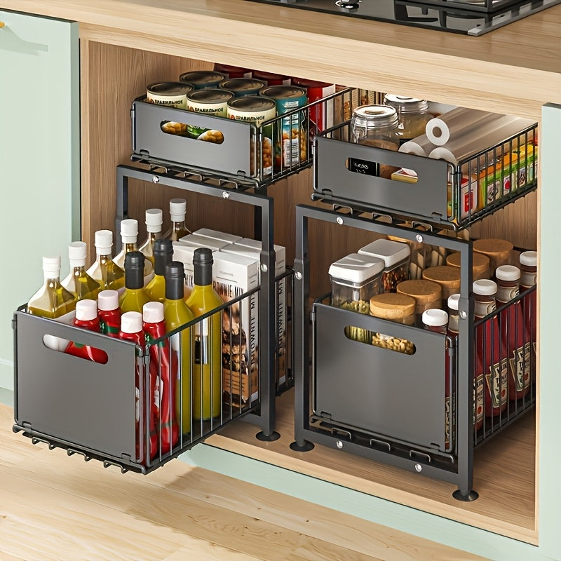 Under Sink Organizer 2-Tier Pull Out – Adjustable Height Carbon Steel Cabinet Storage Shelf for Kitchen and Bathroom