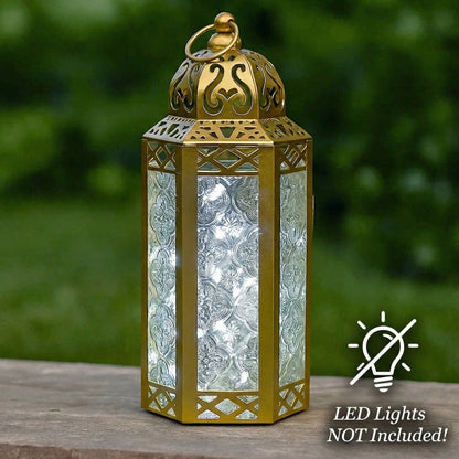Moroccan Candle Lantern Holder - Decorative Metal & Glass Lantern with Embossed Floral Design for Indoor Home Decor