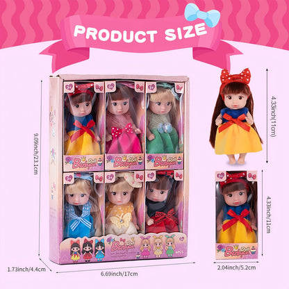 Mini Fashion Dolls Set of 6, 4-Inch Poseable Collectible Dolls with Glitter Eyes, Stylish Hair & Cute Outfits