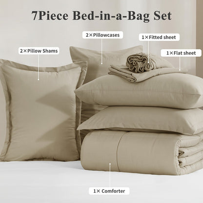 7 Piece Comforter Set Luxury Soft Fluffy Bedding All Season Bed in a Bag with Comforter Fitted Sheet Flat Sheet Pillowcases Hypoallergenic