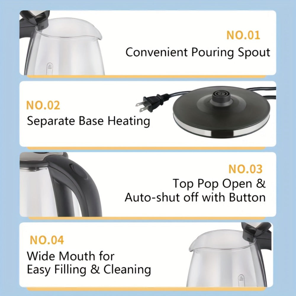 Electric Kettle by LONGADS, 2L 1000W Glass Body with Blue LED Indicator and Stainless Steel Heating Base