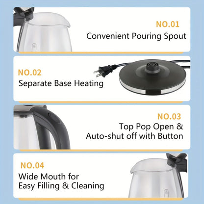 Electric Kettle by LONGADS, 2L 1000W Glass Body with Blue LED Indicator and Stainless Steel Heating Base