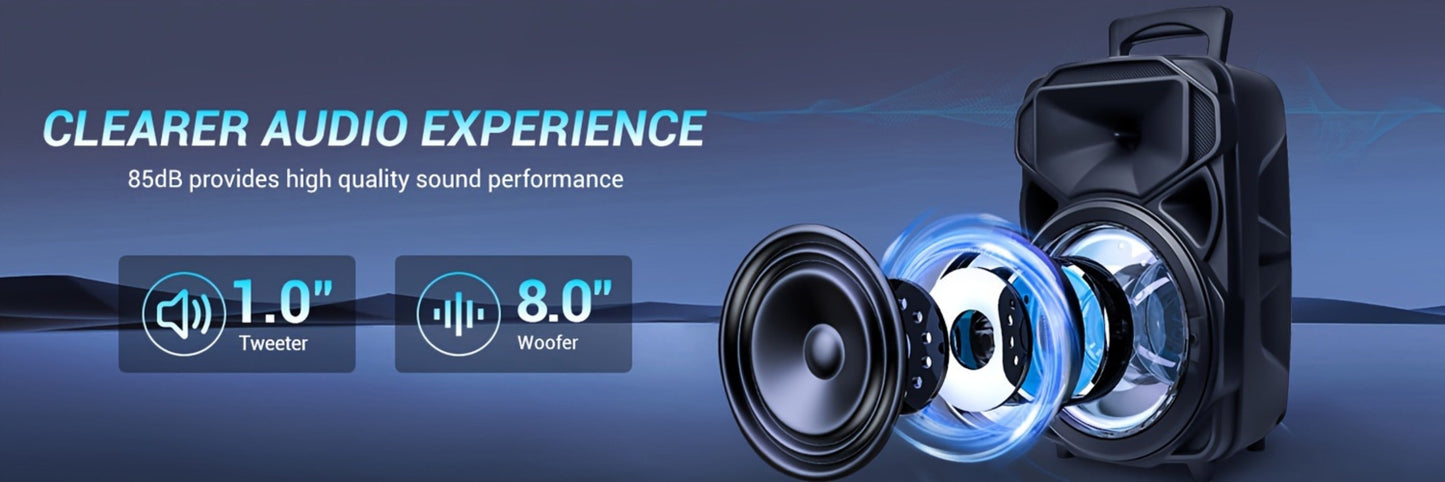 8-Inch Subwoofer Party Speaker 1000W Portable Rechargeable Wireless Bluetooth | Heavy Bass, FM Radio, LED Lights, Remote Control