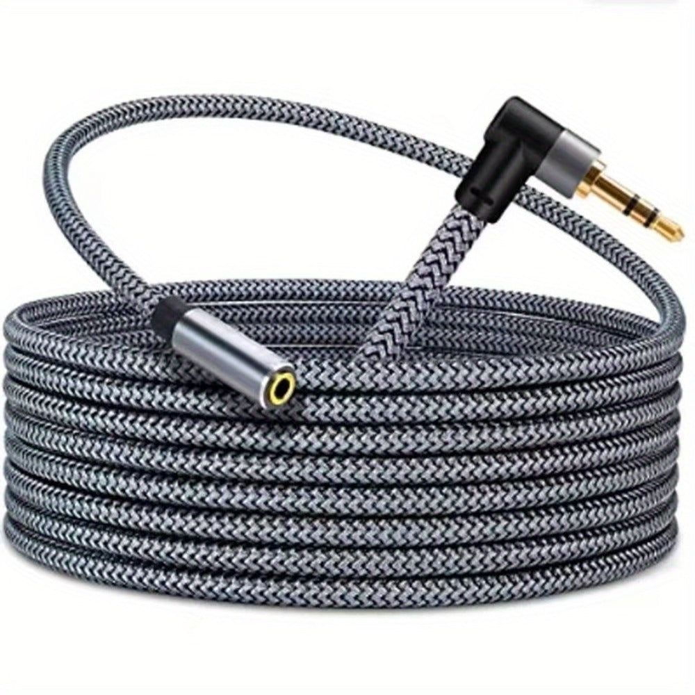 Right-Angle Elbow 3.5mm Female to Male AUX Extension Cable, Tinned Copper Core, Round Tangle-Free Design