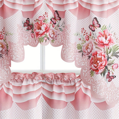 Three-Piece Butterfly Floral Window Curtain Set with Rod-Pocket Valance, Two Tiers and Four Colors