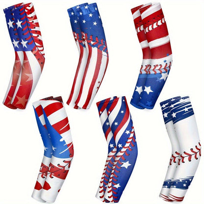 Patriotic Baseball Arm Sleeves 2 Pairs – American Flag Star Design Compression Sports Elbow Covers, Anti-Slip UV Protection for Men Women
