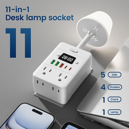 11-in-1 Multifunctional Power Strip with Desk Lamp & Digital Clock, 4 AC Outlets, 3 USB-A & 2 USB-C