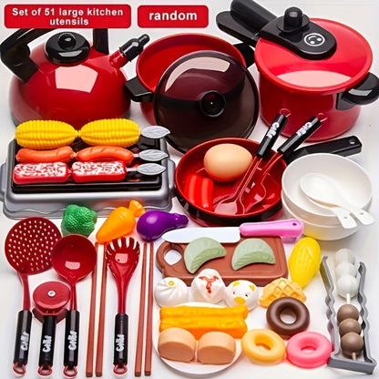 Kids Pretend Play Kitchen Set 51 Pcs, Cookware Tableware & Play Food Toddler Kitchen Toy for Boys & Girls Ages 3+