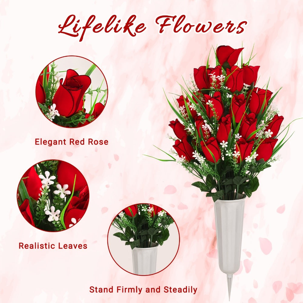 Artificial Flowers Silky Red Rose Memorial Set with Top Saddle, Side Vases or Three-Piece Option