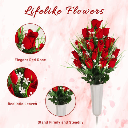 Artificial Flowers Silky Red Rose Memorial Set with Top Saddle, Side Vases or Three-Piece Option
