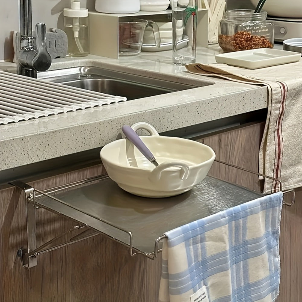 Foldable Stainless Steel Kitchen Storage Rack, Cabinet Door Organizer & Countertop Shelf for Kitchen