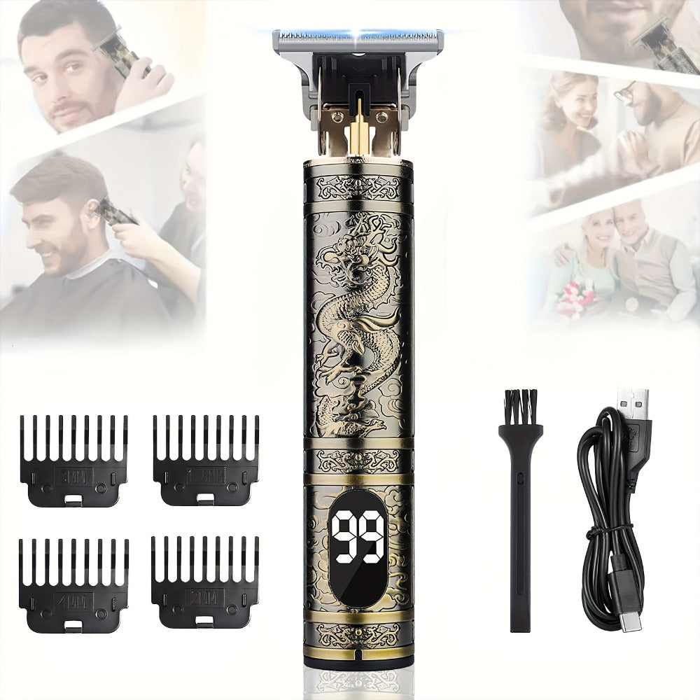 LED Hair Trimmer for Men – T-Blade USB Rechargeable 2000mAh, Vintage Dragon & Mustache Design, 4 Guide Combs, Cordless Precision Grooming