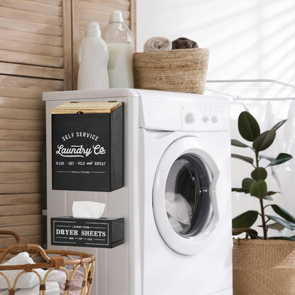 Magnetic Lint Holder & Dryer Sheet Dispenser 2-Pack, Farmhouse Wooden Lint Trash Can with Lid for Dryer
