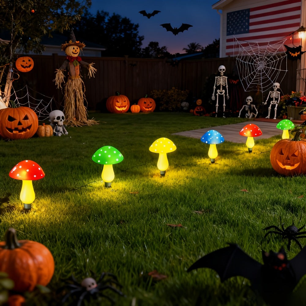 Solar Garden Lights 8-Pack Mushroom Stakes with 8 Modes in Multicolor or Red for Path Decor