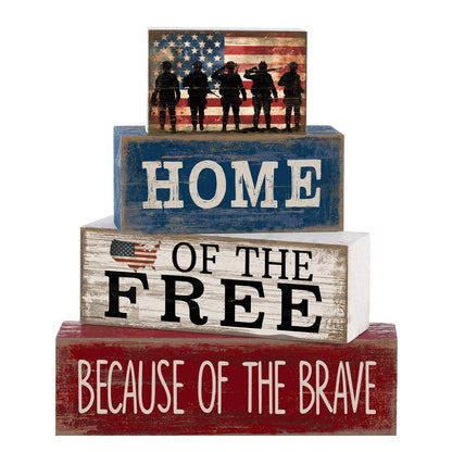 Home of the Free Patriotic Wooden Block Sign with Four-Tier Red, White and Blue Tabletop Design