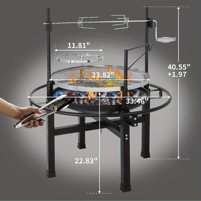 33-Inch Wood-Burning BBQ Fire Pit with Swivel Cooking Grate, Two Removable Grills and Height-Adjustable Rack