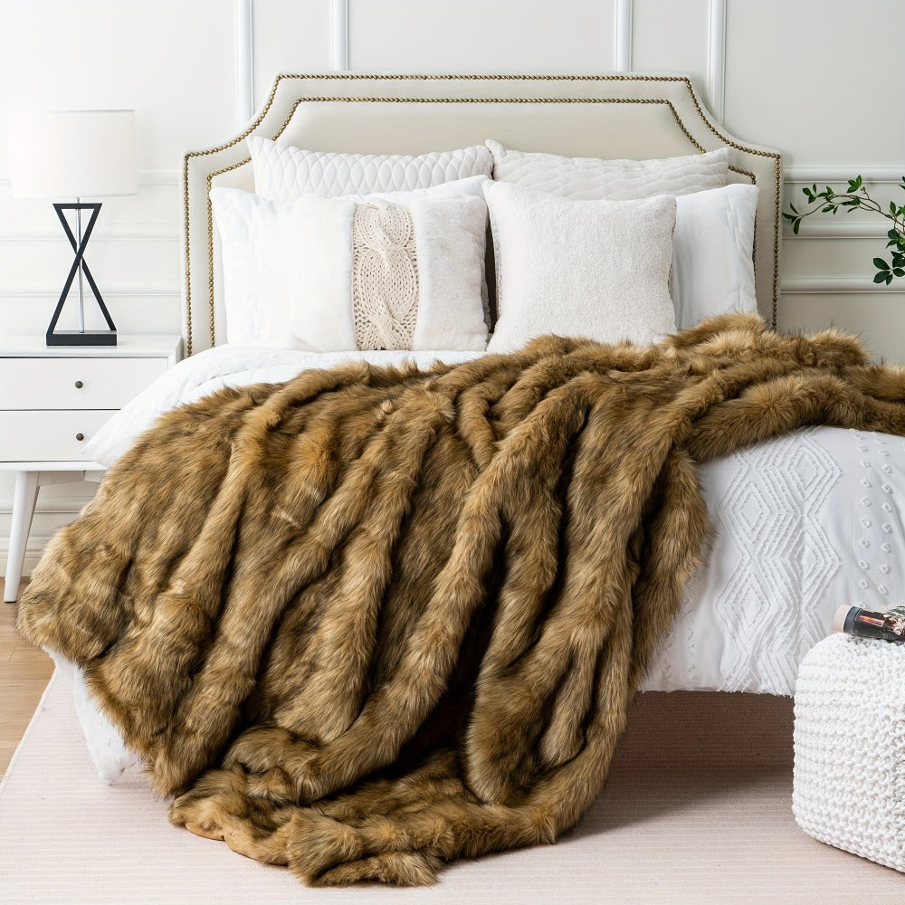 Long Hair Fluffy Reversible Plush Velvet Throw Blanket, 300-350gsm Elegant Throw for Couch & Bed