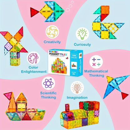 Magnetic Tiles for Kids 106/136pcs with 2 Toy Cars – STEM Approved Educational Magnet Building Blocks Set Stacking Puzzle Toy for Boys