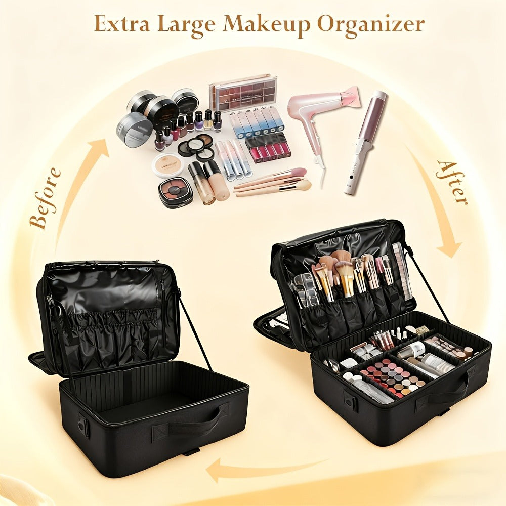 Black 15.8-Inch Soft Makeup Train Case with Three-Layer Interior, Brush Panel and Shoulder Strap