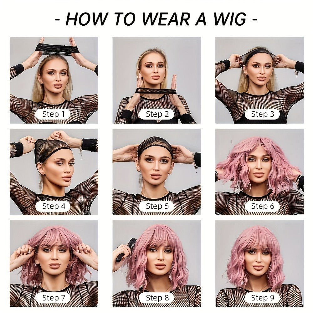 Synthetic Wig 14-Inch Golden Layered Straight Style with Full Bangs and Glueless Rose Net Cap