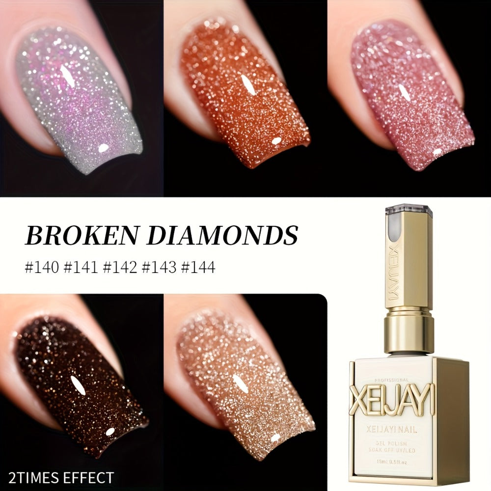 Gel Nail Polish 5-Color Pastel Diamond Glitter Set in Frame Bottles, Shades 140-144, with UV/LED Soak-Off Cure