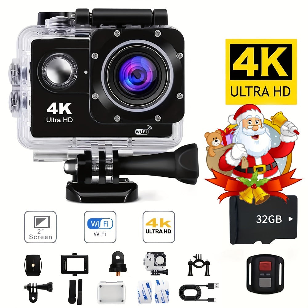 4K-Labeled WiFi Action Camera with 170-Degree Lens, 2-Inch Display, 32GB Card, Remote and Mounting Kit
