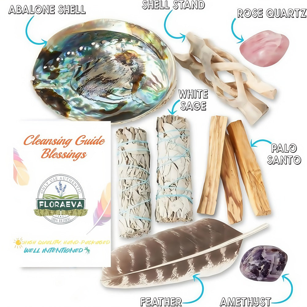 White Sage Cleansing Kit Smudge Set with Abalone Shell Holy Wood Incense Feathers Crystal for Entryways, Bedrooms and Living Spaces