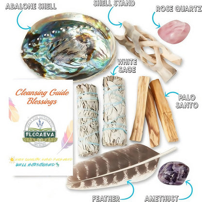 White Sage Cleansing Kit Smudge Set with Abalone Shell Holy Wood Incense Feathers Crystal for Entryways, Bedrooms and Living Spaces