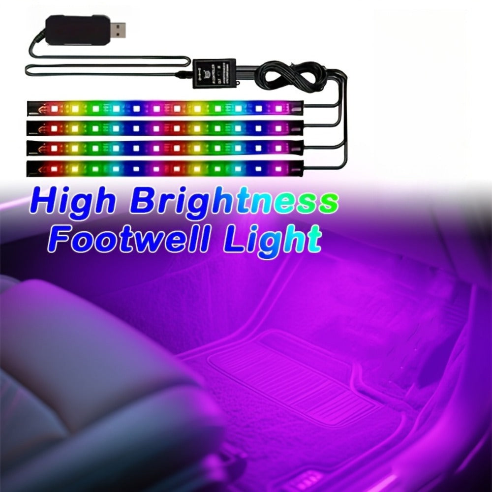 Four-Piece 5V USB RGB Car Footwell LED Light Kit for Under-Seat and Interior Accent Installation