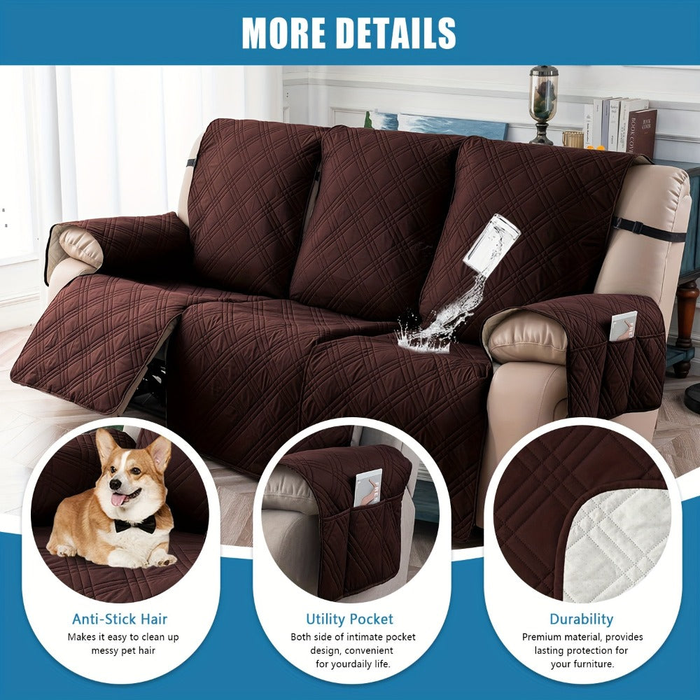 Three-Piece Quilted Recliner Sofa Cover Set for Three Seats with 65 cm Panels and Eight Colors