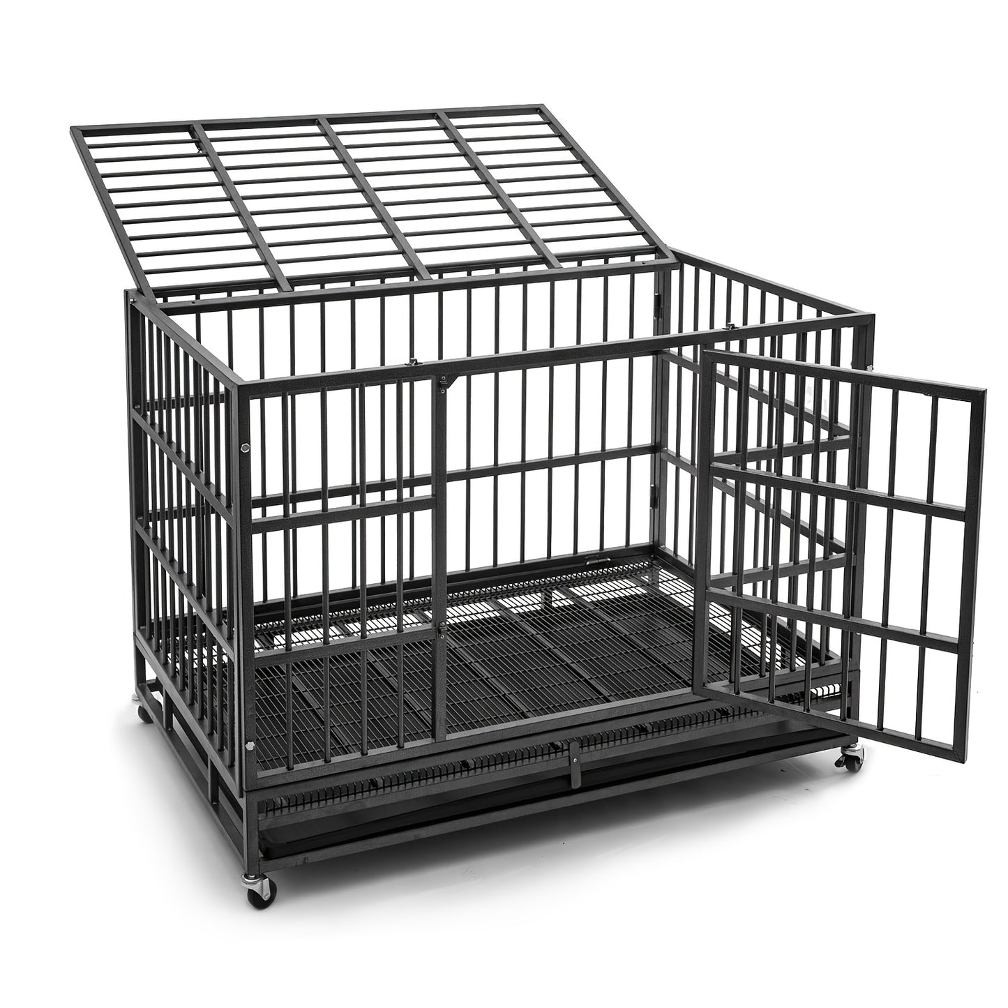 Heavy Duty Escape-Proof Dog Crate with Wheels & Removable Tray – Double Door Indoor Kennel for Large & XL Dogs | 42IN & 48IN