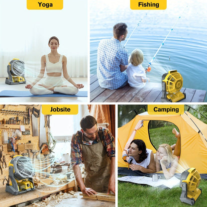 Yellow Cordless Work Fan for Select DeWalt 20V Max Batteries with LED Light, Hanging Hook and Adjustable Tilt, Battery Not Included