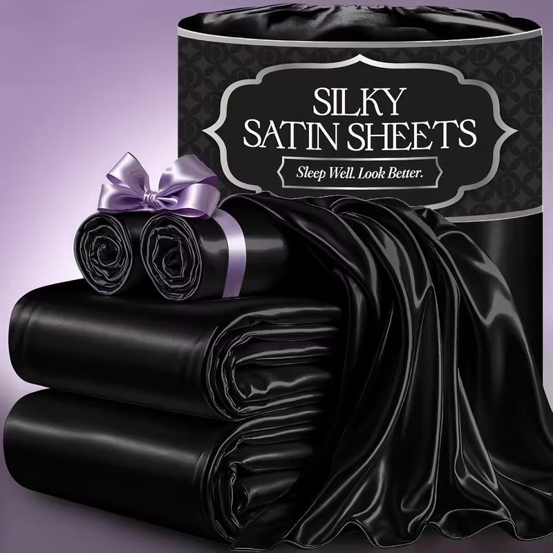 Sheet Set, Satin Bedding with 16-Inch Fitted Pocket, Three- or Four-Piece Size Configuration and Seven Solid Colors