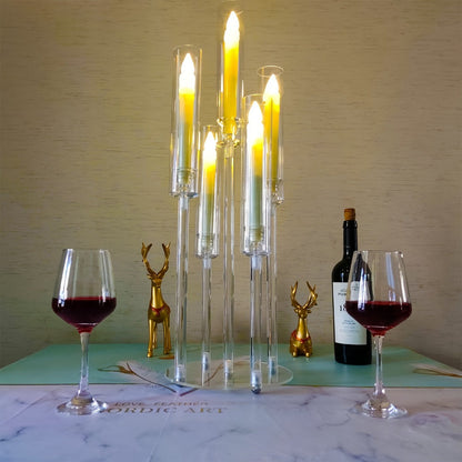 Candle Holder Set of 2 Clear Acrylic Five-Arm Candelabras with Cylindrical Shades for Flameless LED Candles