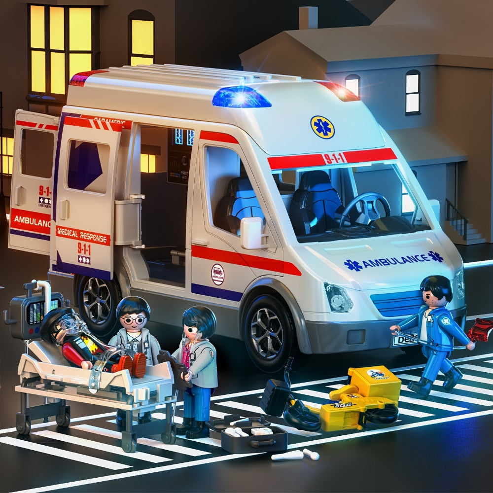 Ambulance Toy Playset for Kids Ages 3-8, Realistic Friction-Powered Emergency Vehicle with Flashing Lights & Siren Sound
