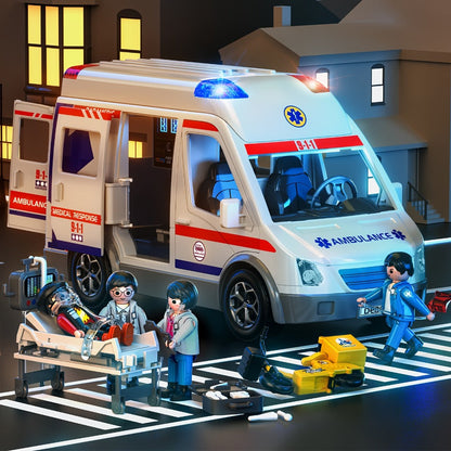 Ambulance Toy Playset for Kids Ages 3-8, Realistic Friction-Powered Emergency Vehicle with Flashing Lights & Siren Sound