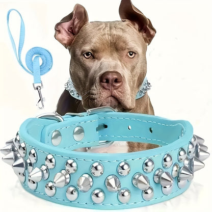 Rivet Dog Collar Bite Resistant with Leash Set, Heavy Duty Metal Buckle Pet Collar for Medium Large Dogs, Adjustable Sizes XS–XXL