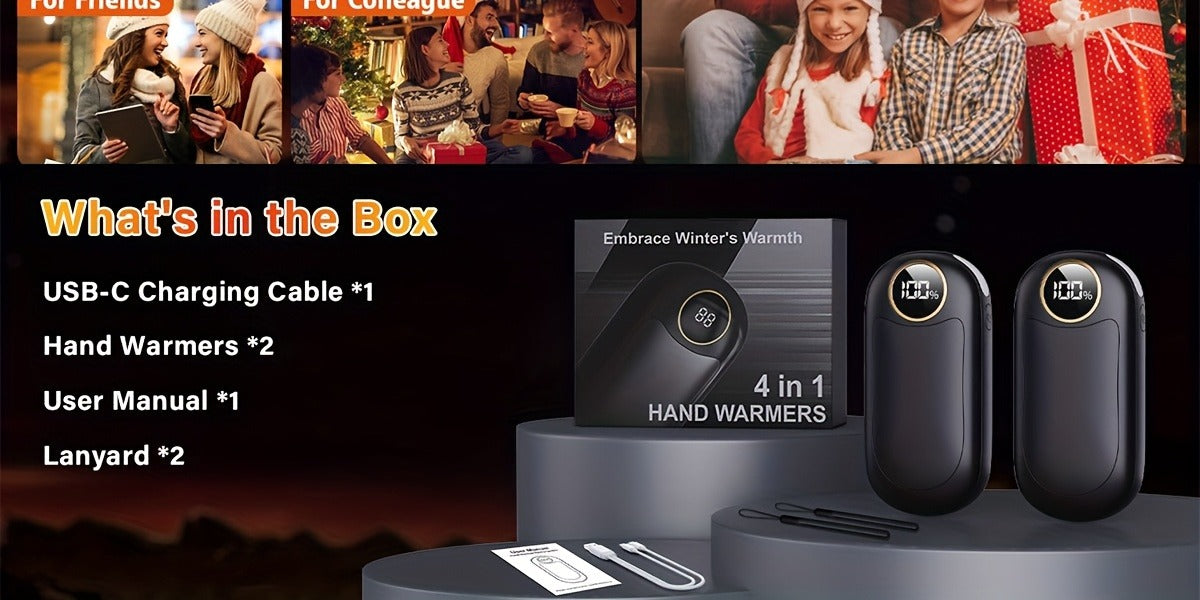 Rechargeable Hand Warmers 2 Pack – Dual-Sided Electric Pocket Heater with Power Bank & LED Light, 36Hrs Warmth, 4 Heat Levels