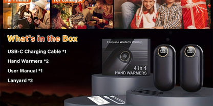 Rechargeable Hand Warmers 2 Pack – Dual-Sided Electric Pocket Heater with Power Bank & LED Light, 36Hrs Warmth, 4 Heat Levels