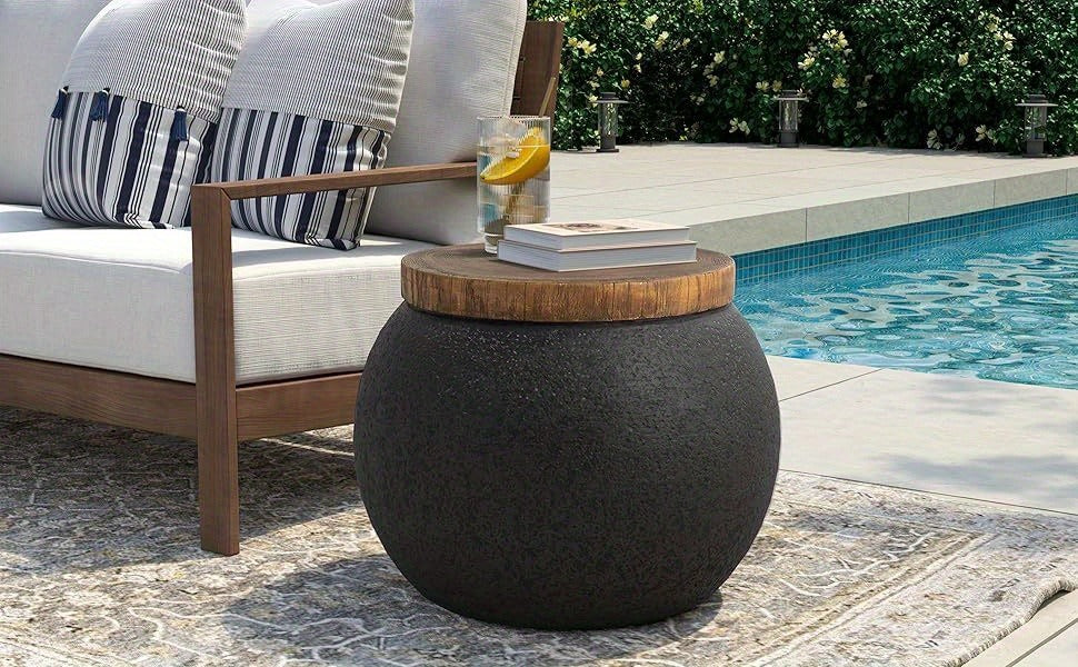 Outdoor Side Table 17-Inch Concrete Design with Wood-Look Top in Black, Hourglass and Compact Options