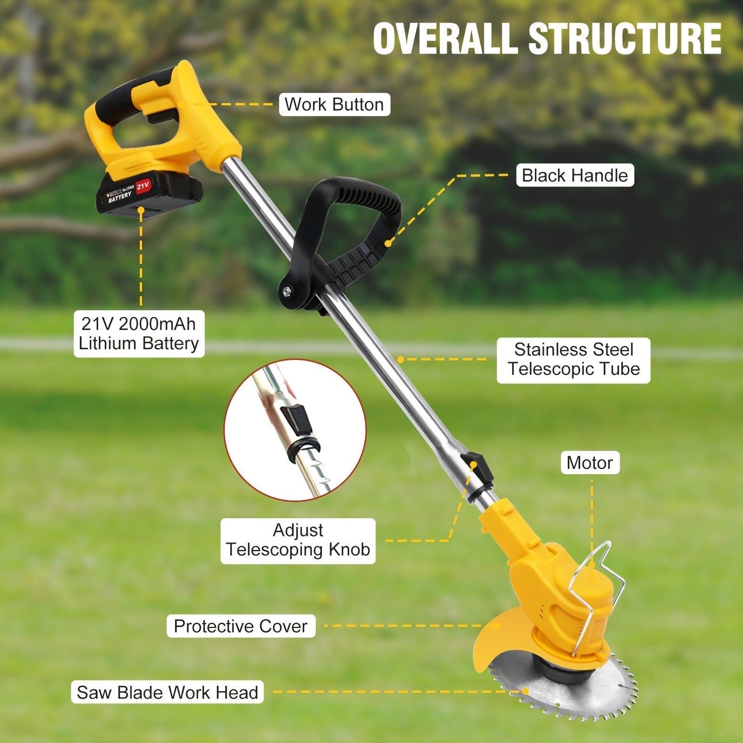 Cordless Weed Trimmer & Edger, 21V 3-in-1 Brush Cutter with 2 Batteries, Adjustable Head for Lawn