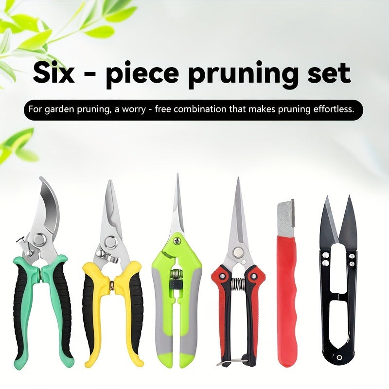 Pruning Shears 6-Piece Set, Stainless Steel Garden Scissors Anti-Slip Handle, Fruit Picking Lawn Bonsai Branch Cutting Tool Gift