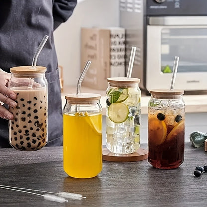 Drinking Glasses Set with Lid and Straw 550ml Oval Glass Cups 4 or 6 Piece, for Home Cooking, Dining and Outdoor Meals