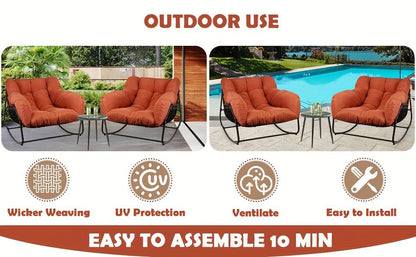 Papasan Rocking Chair Outdoor Wicker Egg Chair with Cushion & Pillow, Large Patio Rocker for Garden