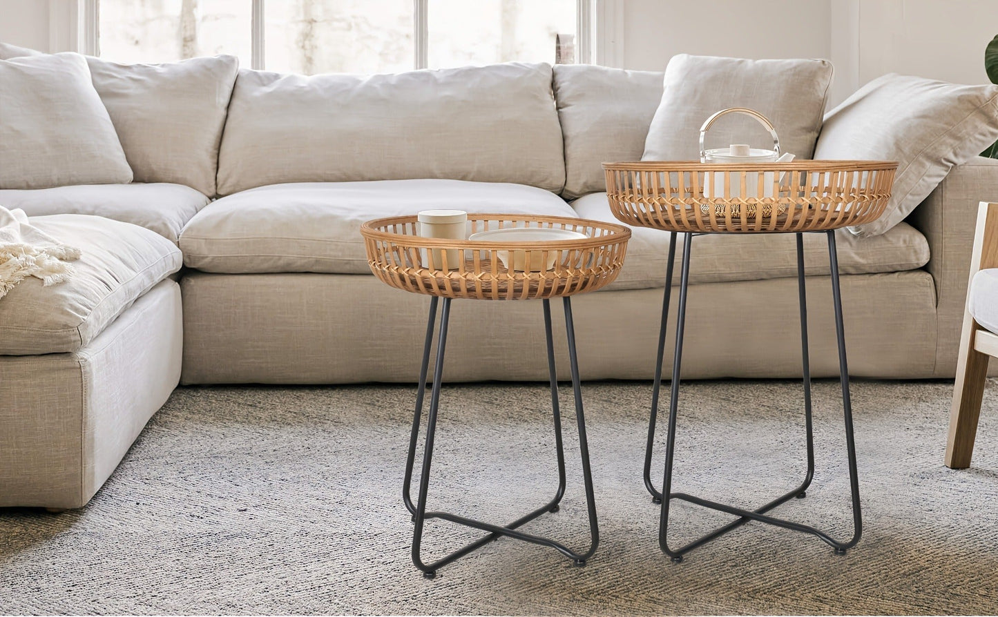 Side Table Rattan Collection with Bamboo-Woven Tops, Metal Bases and 18- or 20.4-Inch Options