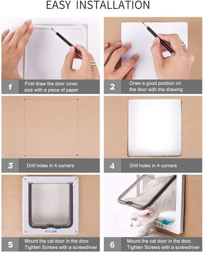 Cat Door & Dog Door with 4-Way Safety Lock – Weatherproof Flip Pet Door for Cats & Dogs, M/L/XL Sizes in White, Black & Coffee
